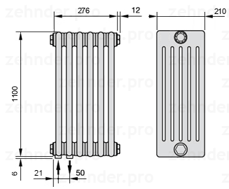 Схема (чертеж) Радиатор Zehnder Charleston 6110/6 №3370 Белый глянцевый RAL 9016